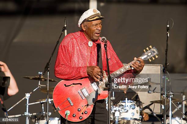 Vocalist/Guitarist Chuck Berry performs during the 2008 Virgin Mobile Festival at Pimlico Race Course on August 9, 2008 in Baltimore, Maryland.