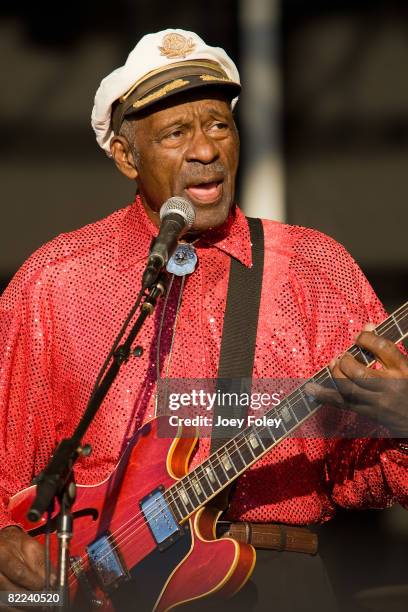 Vocalist/Guitarist Chuck Berry performs during the 2008 Virgin Mobile Festival at Pimlico Race Course on August 9, 2008 in Baltimore, Maryland.