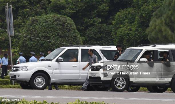 Uttar Pradesh Chief Minister Yogi Adityanath arrives at Parliament House for attending the swearing-in ceremony of Ram Nath Kovind on July 25, 2017...