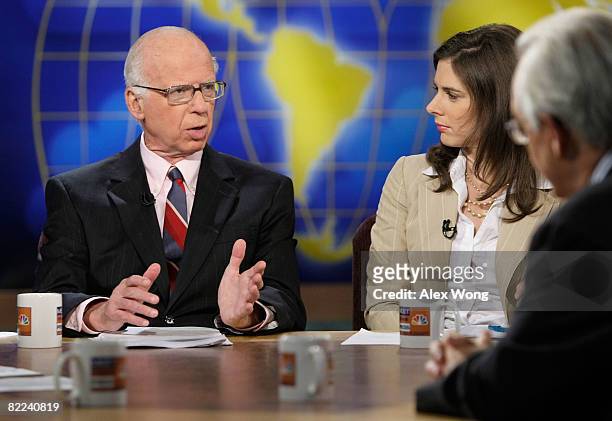 Washington Post columnist David Broder speaks as anchor of CNBC's "Street Signs" Erin Burnett listens during a taping of "Meet the Press" at the NBC...
