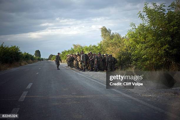 Soldiers assemble along a road between Gori and Tskhinvali, South Ossetia on August 8, 2008 near Gori, Georgia. After calling a ceasefire Georgian...