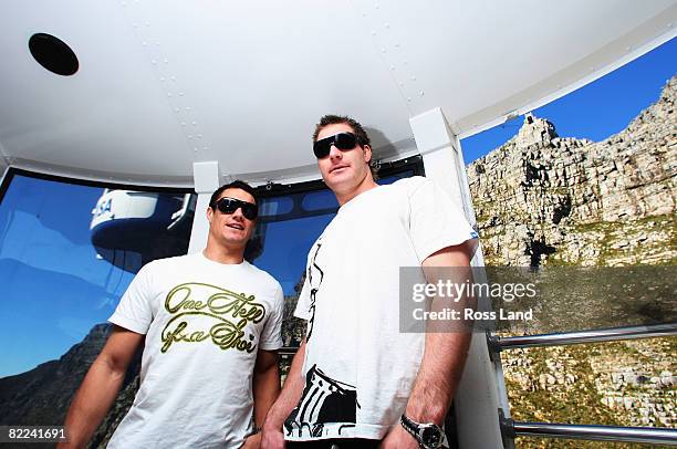 Ali Williams and Dan Carter of the New Zealand All Blacks photographed in a cable car during a visit to Table Mountain on August 10, 2008 in Cape...