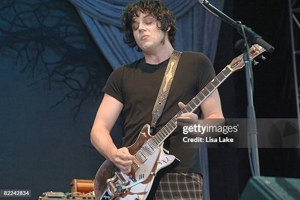 Jack White of The Raconteurs performs at American Eagle Outfitters New American Music Union Festival at Pittsburgh's Southside Works on August 9,...