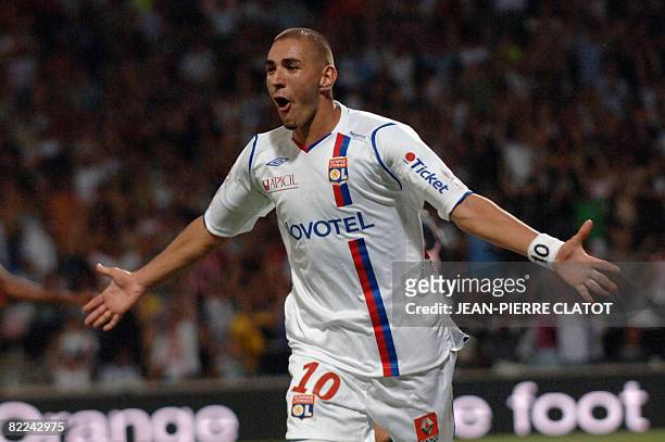 Lyon's french forward Karim Benzema celebrates after scoring a goal during the L1 football match Lyon vs. Toulouse on August 10, 2008 at the Gerland...
