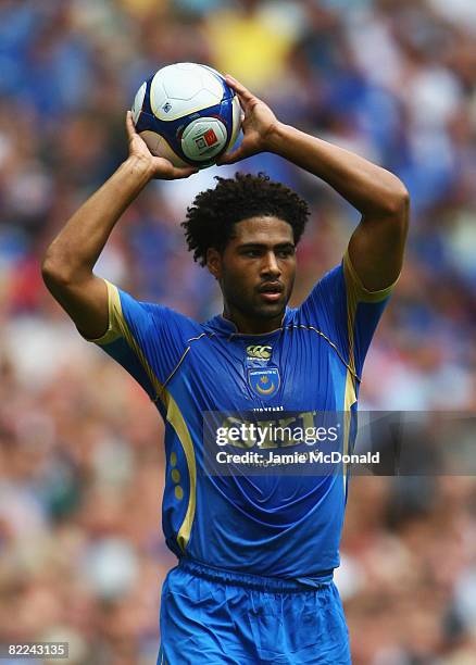 Glen Johnson of Portsmouth takes a throw in during the FA Community Shield match between Manchester United and Portsmouth at Wembley Stadium on...