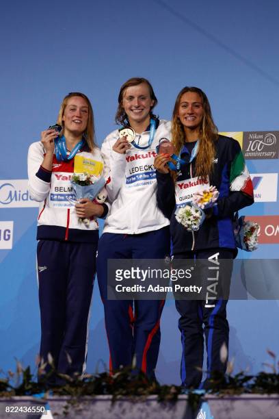 Silver medalist Mireia Belmonte of Spain, gold medalist Katie Ledecky of the United States and bronze medalist Simona Quadarella of Italy pose with...