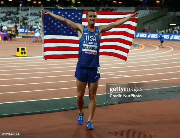 Michael Brannigan of the United States celebrates winning gold in the Men's 1500m T20 Final during Day Four of the IPC World ParaAthletics...