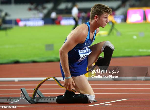 Hunter Woodhall of USA compete Men's 400m T43 Final during World Para Athletics Championships Day Three at London Stadium in London on July 17, 2017