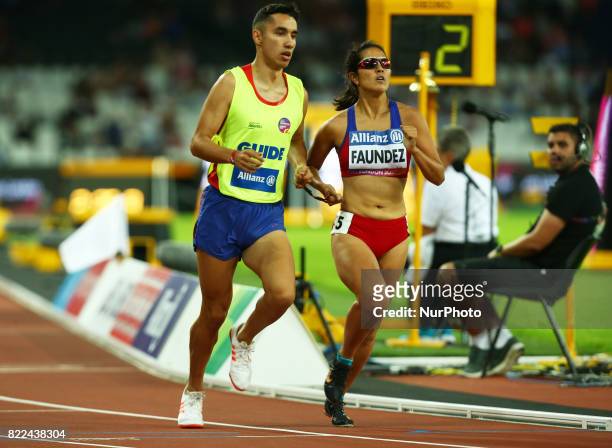 Margarita Faundez of Chile and Guida Francisco Munoz compete Women's 1500m T11 Final during World Para Athletics Championships Day Three at London...