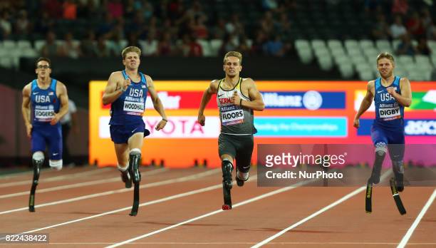 Nick Rodgers of USA, Hunter Woodhall of USA, Johannes Floors of Germany and Aj Digby of USA compete Men's 400m T43 Final during World Para Athletics...