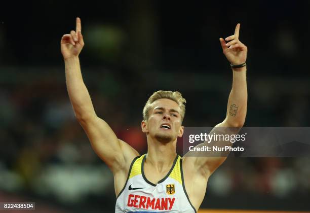 Johnannes Floors of Germany celebrate his win Men's 400m T43 Final during World Para Athletics Championships Day Three at London Stadium in London on...