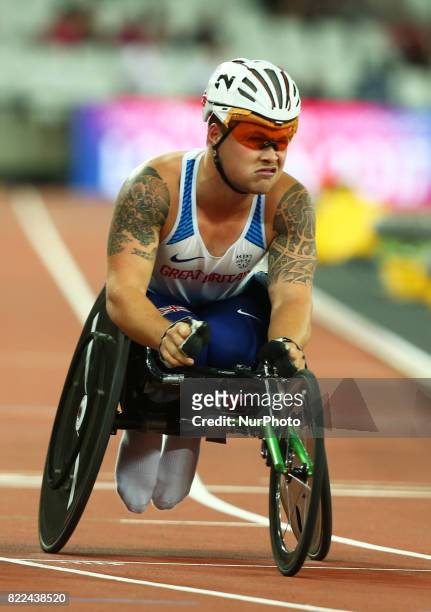 Ben Rowlings of Great Britain compete Men's 400m T34 Final during World Para Athletics Championships Day Three at London Stadium in London on July...