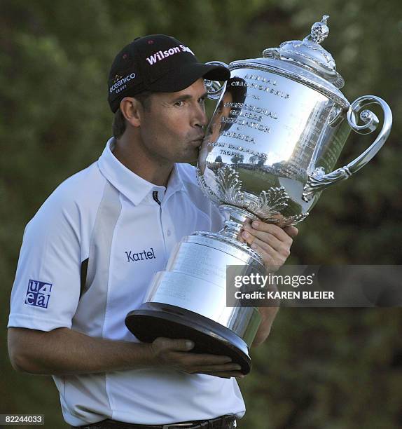 Padraig Harrington of Ireland kisses the Wanamaker Trophy after winning the 90th PGA Championship August 10, 2008 at the Oakland Hills Country Club...