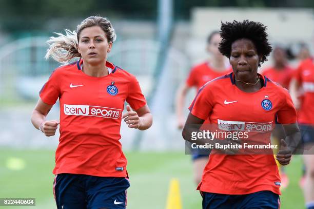 Laure Boulleau and Formiga of Paris Saint Germain during a training session of Paris Saint Germain at Bougival on July 25, 2017 in Paris, France.