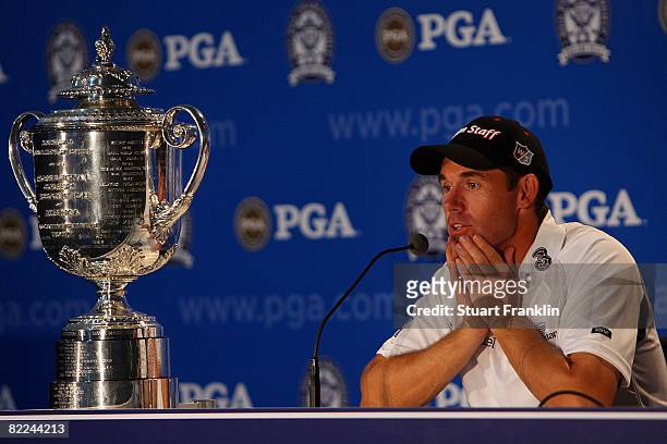 Padraig Harrington of Ireland talks to the media during a press conference after winning the 90th PGA Championship at Oakland Hills Country Club on...