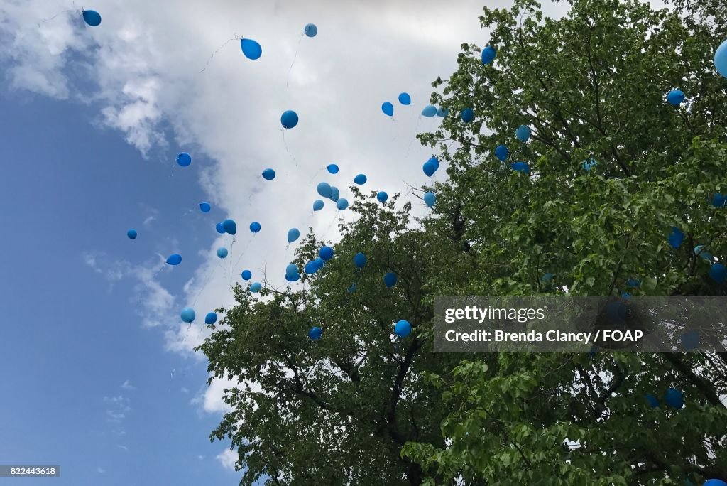 Blue balloons floating over trees