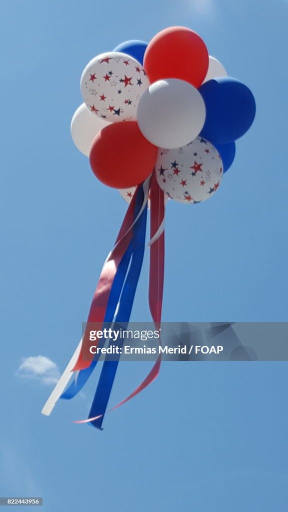 Colorful balloons flying in clear sky