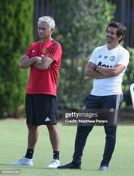 Manager Jose Mourinho and Assistant Manager Rui Faria of Manchester United in action during a first team training session as part of their pre-season...