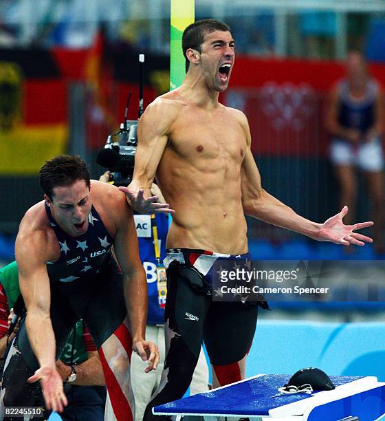 Garrett Weber-Gale and Michael Phelps of the United States celebrate finishing the Men's 4 x 100m Freestyle Relay Final in first place to win the...