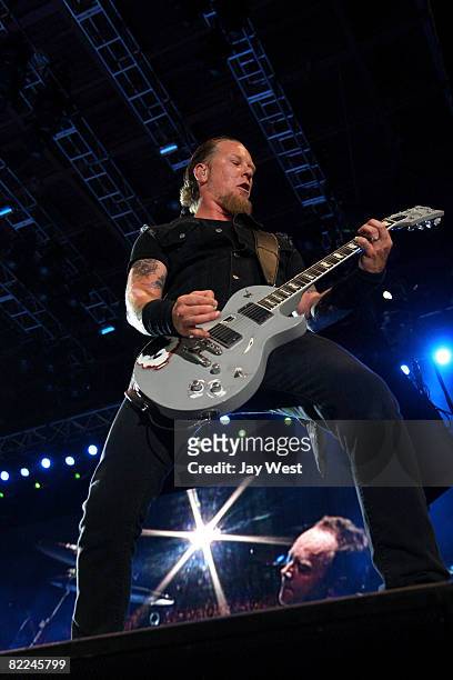 Musician James Hetfield of Metallica performs at Ozzfest 2008 at the Pizza Hut Park on August 9, 2008 in Frisco, Texas.