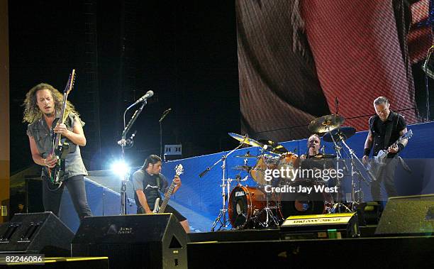 Musicians Kirk Hammett, Robert Trujillo, Lars Ulrich and James Hetfield of Metallica perform at Ozzfest 2008 at the Pizza Hut Park on August 9, 2008...