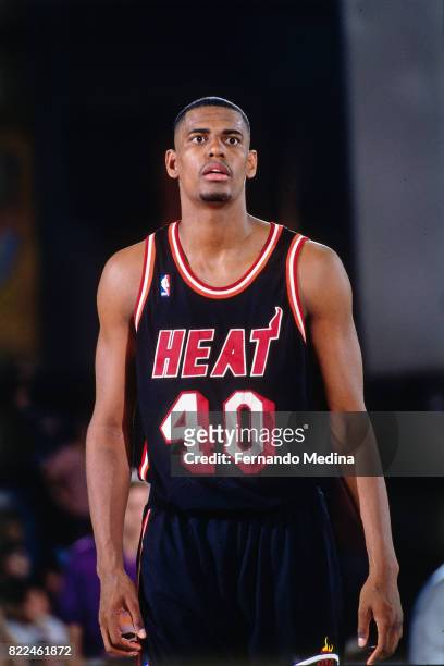Kurt Thomas of the Miami Heat looks onto the court during the 1996 Rookie Challenge Practice on February 9, 1996 at the Alamodome in San Antonio,...