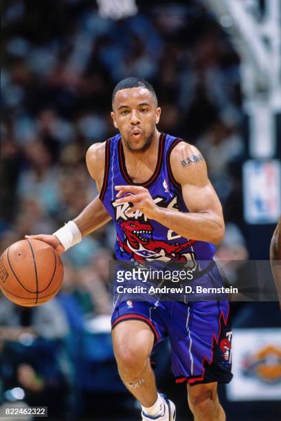 Damon Stoudamire of the Toronto Raptors dribbles during the 1996 Rookie Challenge played February 10, 1996 at the Alamodome in San Antonio, Texas....