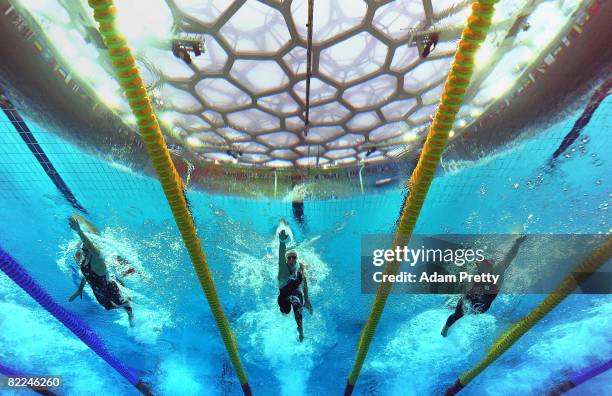 Katie Hoff of the United States, Federica Pellegrini of Italy and Rebecca Adlington of Great Britain compete in the Women's 400m Freestyle Final held...