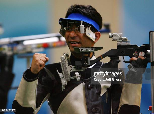 Abhinav Bindra of India reacts after winning the gold medal in the Men's 10m Air Rifle Final at the Beijing Shooting Range Hall on day 3 of the...