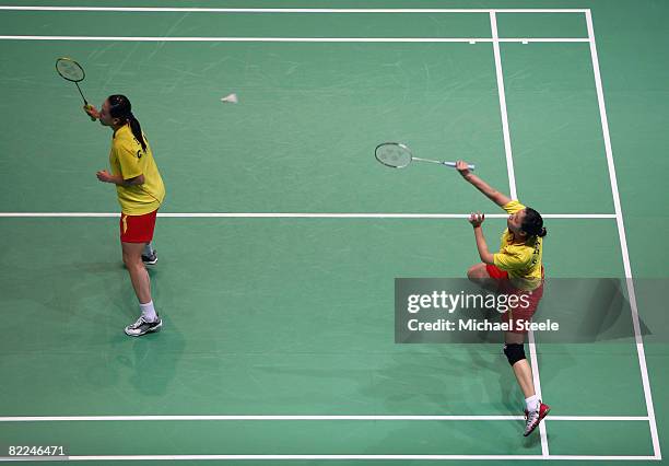 Wei Yang and Jiewen Zhang of China return during their Women's Doubles match against Miyuki Maeda and Satoko Suetsuna of Japan at the Beijing...