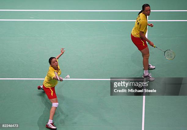 Wei Yang and Jiewen Zhang of China return during their Women's Doubles match against Miyuki Maeda and Satoko Suetsuna of Japan at the Beijing...