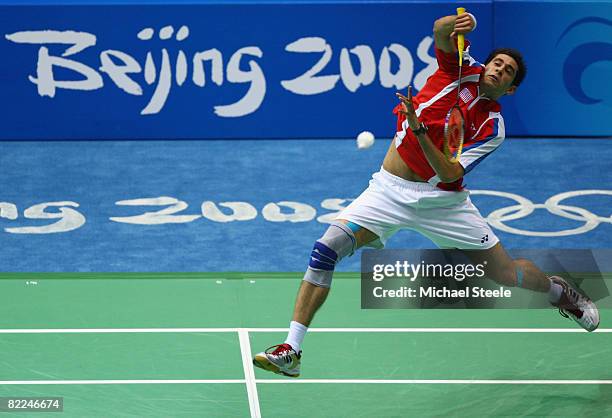 Raju Rai of the USA plays a shot during his Men's Singles match against Ville Lang of Finland at the Beijing University of Technology Gymnasium on...