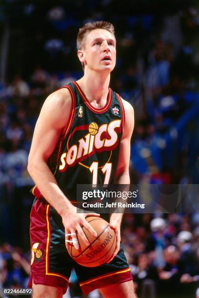 Detlef Schrempf of the Seattle SuperSoncis shoots during the 1997 All-Star Game on February 9, 1997 at Gund Arena in Cleveland, Ohio. NOTE TO USER:...