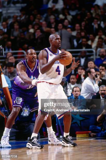 Chris Webber of the Washington Bullets posts up during the 1997 All-Star Game on February 9, 1997 at Gund Arena in Cleveland, Ohio. NOTE TO USER:...