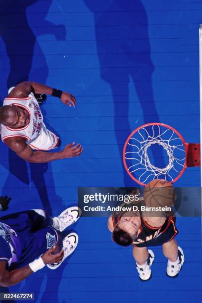 Detlef Schrempf of the Seattle SuperSonics shoots during the 1997 All-Star Game on February 9, 1997 at Gund Arena in Cleveland, Ohio. NOTE TO USER:...