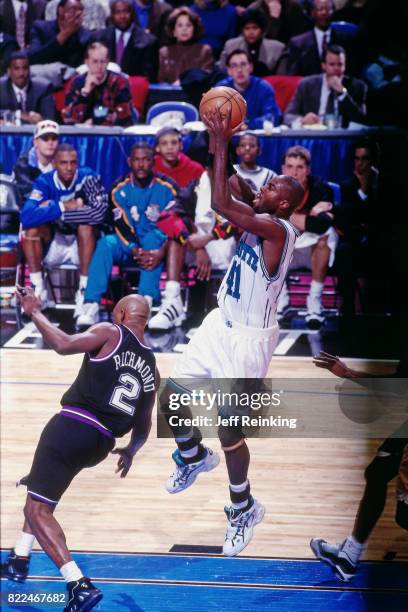 Glen Rice of the Charlotte Hornets shoots during the 1997 All-Star Game on February 9, 1997 at Gund Arena in Cleveland, Ohio. NOTE TO USER: User...