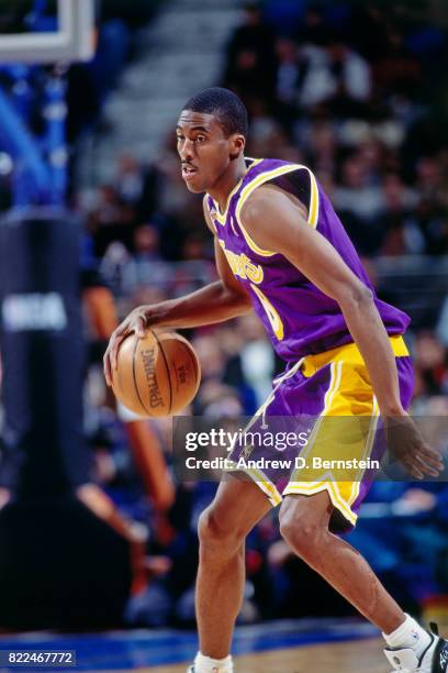 Eddie Jones of the Los Angeles Lakers dribbles during the 1997 All-Star Game on February 9, 1997 at Gund Arena in Cleveland, Ohio. NOTE TO USER: User...