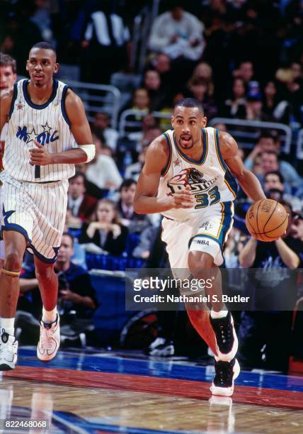 Grant Hill of the Detroit Pistons dribbles during the 1997 All-Star Game on February 9, 1997 at Gund Arena in Cleveland, Ohio. NOTE TO USER: User...