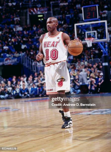 Tim Hardaway of the Miami Heat dribbles during the 1997 All-Star Game on February 9, 1997 at Gund Arena in Cleveland, Ohio. NOTE TO USER: User...