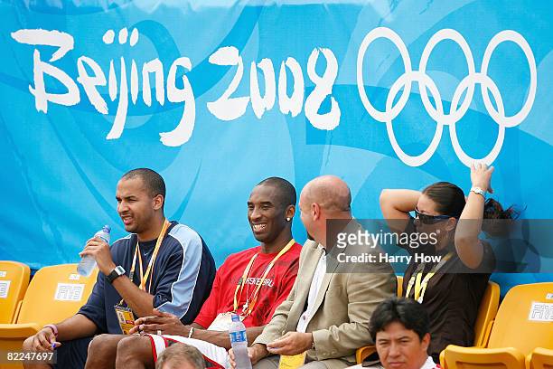 Kobe Bryant of the United States attends the beach volleyball event at the Chaoyang Park Beach Volleyball Ground on Day 3 of the Beijing 2008 Olympic...