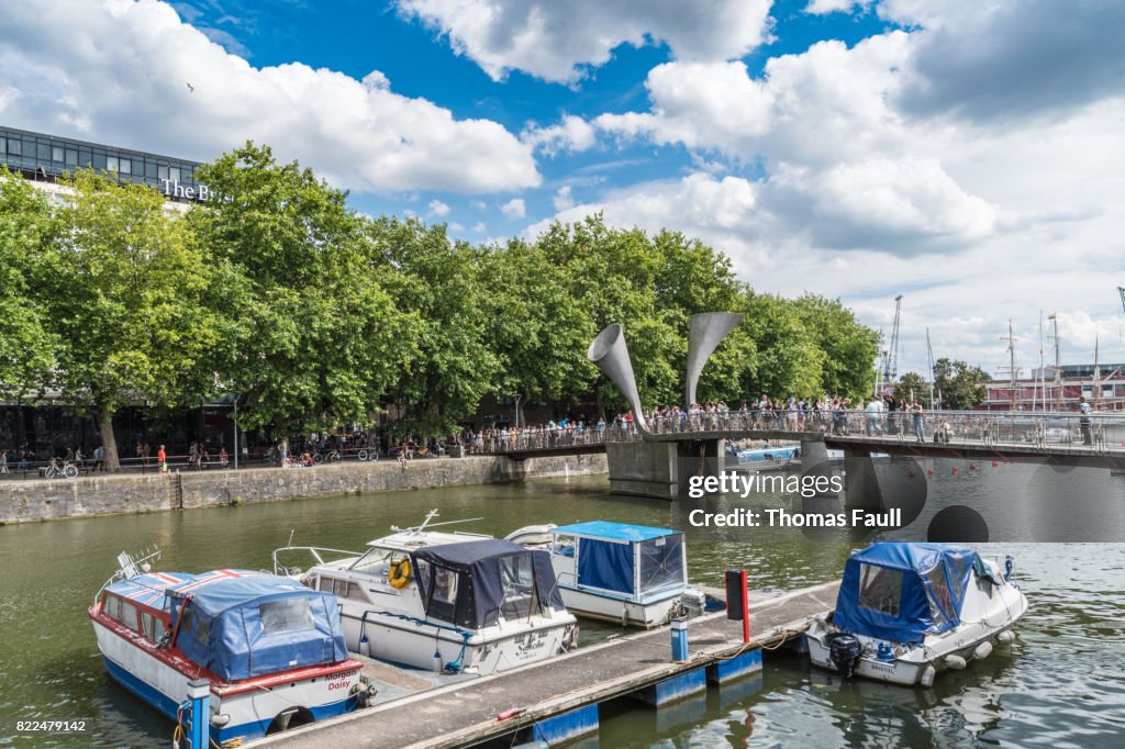 Boats moored up by Pero's Bridge in Bristol