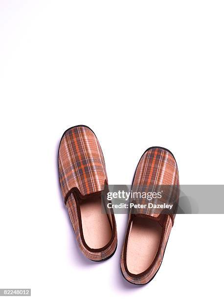 mens tartan slippers on white background - pantoffel stockfoto's en -beelden