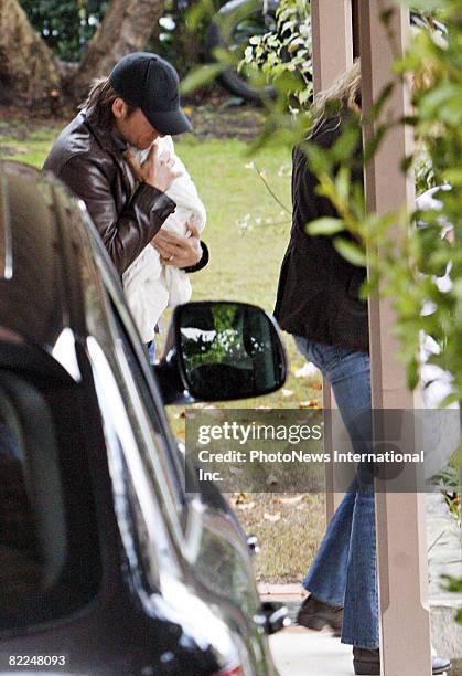 Actress Nicole Kidman and Keith Urban visit the Greenwich home of Antonia Kidman with their newborn child Sunday Rose on August 8, 2008 in Greenwich,...