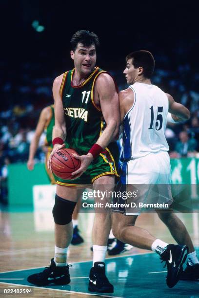 Arvydas Sabonis of Lithuania posts up during the 1996 Olympics circa 1996 in Atlanta, Georgia. NOTE TO USER: User expressly acknowledges and agrees...
