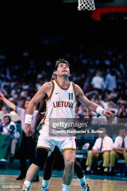 Arvydas Sabonis of Lithuania looks to rebound during the 1996 Olympics circa 1996 in Atlanta, Georgia. NOTE TO USER: User expressly acknowledges and...