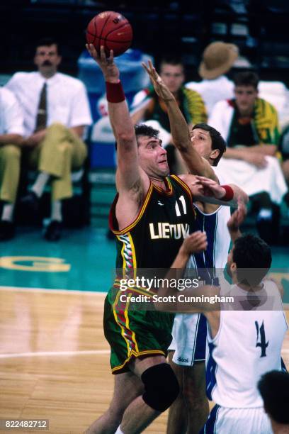 Arvydas Sabonis of Lithuania shoots during the 1996 Olympics circa 1996 in Atlanta, Georgia. NOTE TO USER: User expressly acknowledges and agrees...