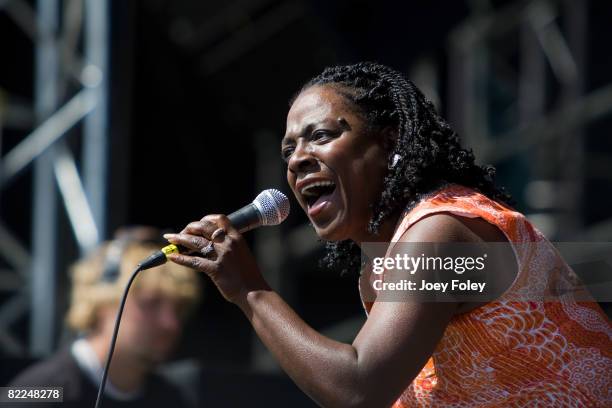 Singer Sharon Jones of Sharon Jones & the Dap-Kings performs during the 2008 Virgin Mobile Festival at Pimlico Race Course on August 9, 2008 in...