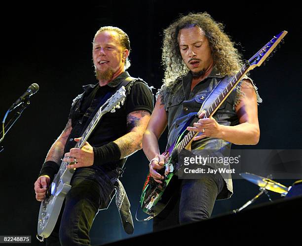James Hetfield and Kirk Hammet of Metallica performs at Ozzfest 2008 at the Pizza Hut Park on August 9, 2008 in Frisco, Texas.