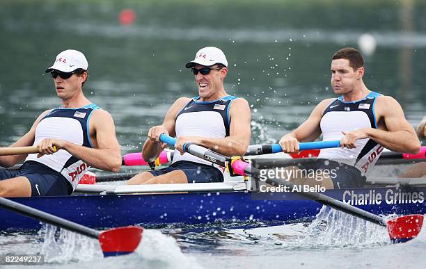 Josh Inman, Steven Coppola and Daniel Walsh of the United States compete in the Men's Eight Heat 2 at the Shunyi Olympic Rowing-Canoeing Park on Day...