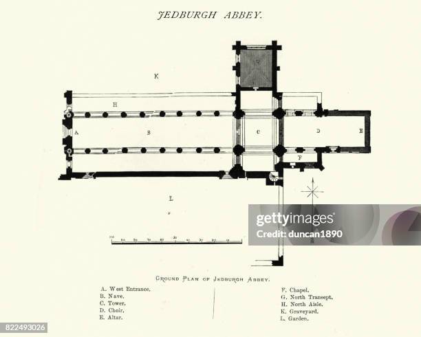 jedburgh abbey, ground plan, scotland, 19th century - jedburgh abbey stock illustrations